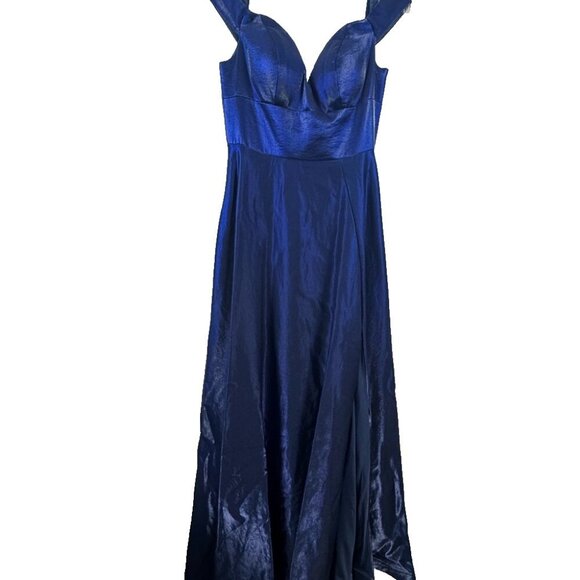 Elegant Navy Blue Gown Size 4 Shimmer Off‑Shoulder A‑Line High Slit Lace‑Back - Picture 8 of 16